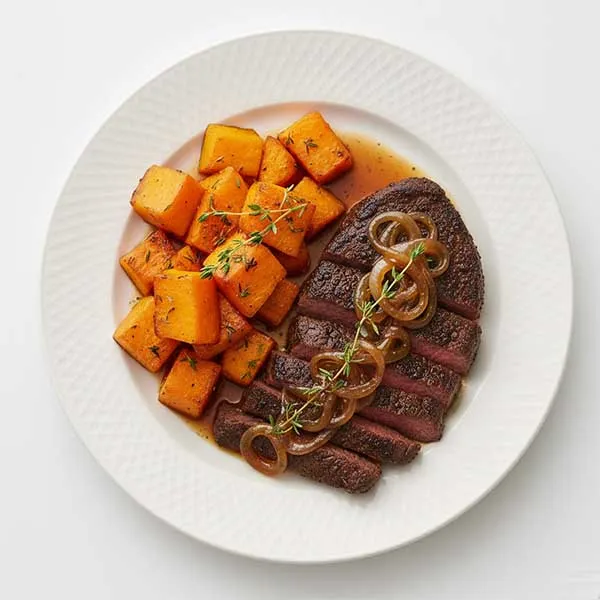 Coffee & Cocoa rubbed beef steak with Roasted pumpkin and caramelized onion & thyme sauce